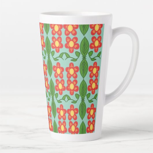 Custom Red Folk Art Flower & Leaf Pattern カフェラテマグ (右)