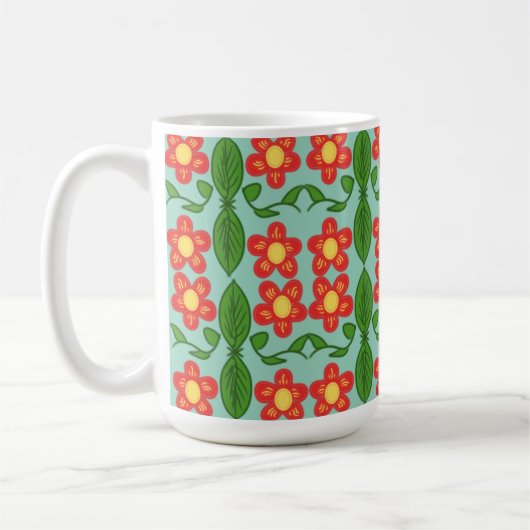 Custom Red Folk Art Flower & Leaf Pattern コーヒーマグカップ (左)