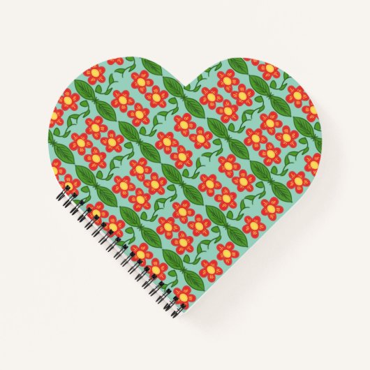 Custom Red Folk Art Flower & Leaf Pattern ノートブック (正面)