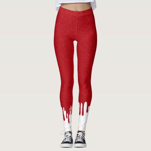 Custom Red Glitter Leggings with White Drips レギンス (正面)