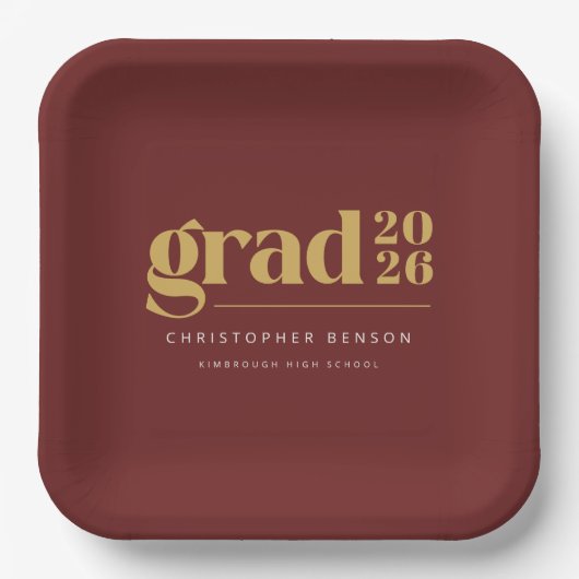 Custom Red Gold 2026 Grad Graduation ペーパープレート (正面)