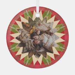 Custom Red Green Christmas Star Photo Gift Tree ガラスオーナメント