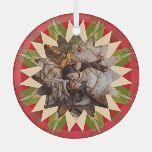 Custom Red Green Christmas Star Photo Gift Tree ガラスオーナメント (正面)