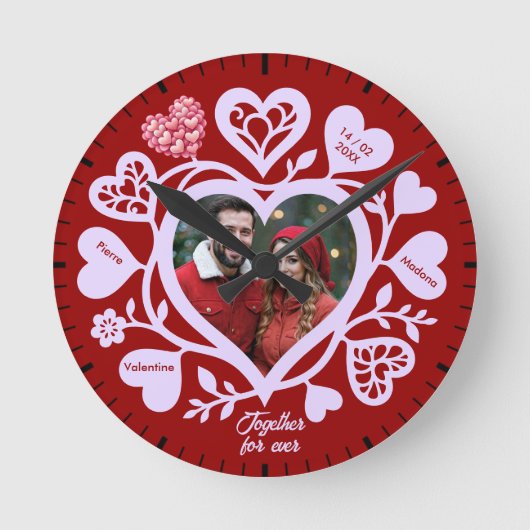 Custom Red Heart Photo Wall Clock ラウンド壁時計 (正面)