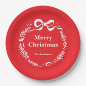 Custom Red Modern Hand Drawn Bow Merry Christmas ペーパープレート (正面)