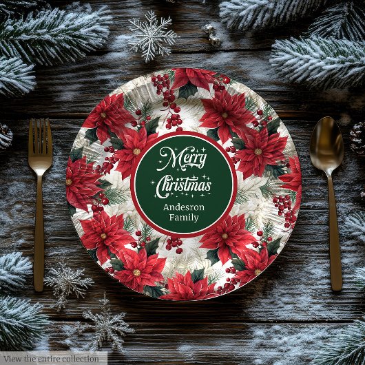 Custom Red Poinsettia Chic Christmas Paper Plates  ペーパープレート