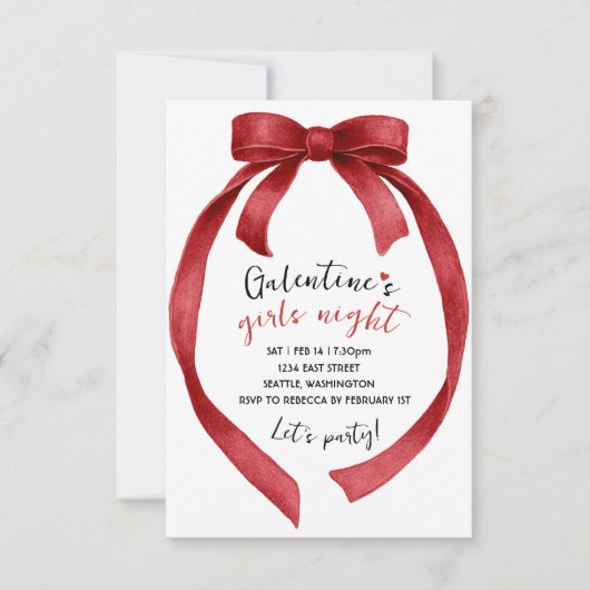 Custom Red Ribbon Bow Galentines Party Invitation 出欠カード (正面)