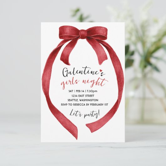Custom Red Ribbon Bow Galentines Party Invitation 出欠カード (スタンド正面)
