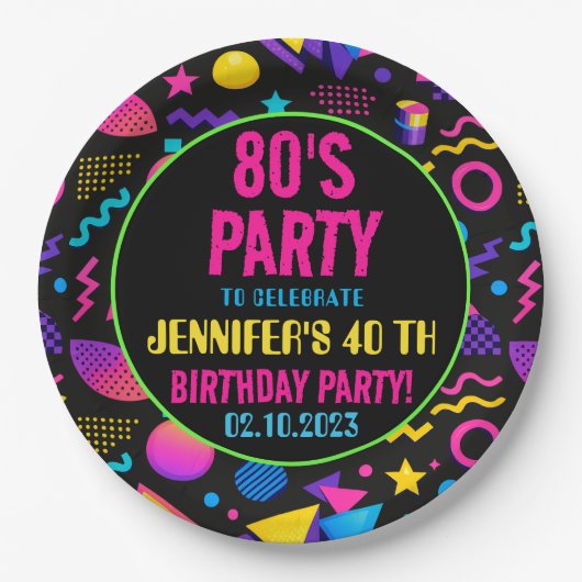 Custom Retro Neon 80’s Birthday – Fun Adult  ペーパープレート (正面)