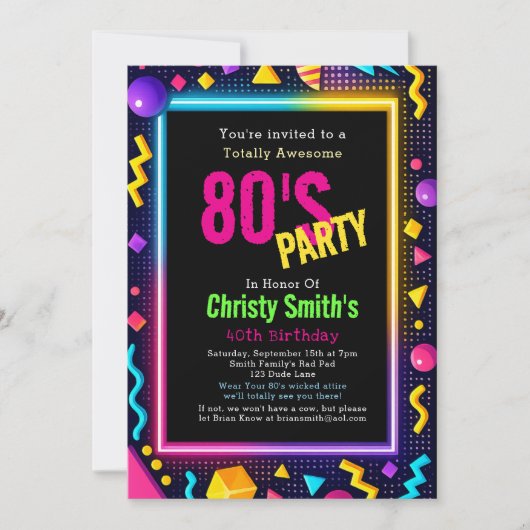 Custom Retro Neon 80's Birthday Party 招待状 (正面)