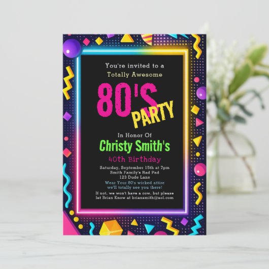 Custom Retro Neon 80's Birthday Party 招待状 (スタンド正面)