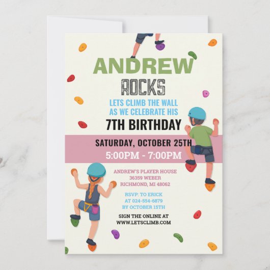 Custom Rock Climbing Birthday Party Invitation 招待状 (正面)