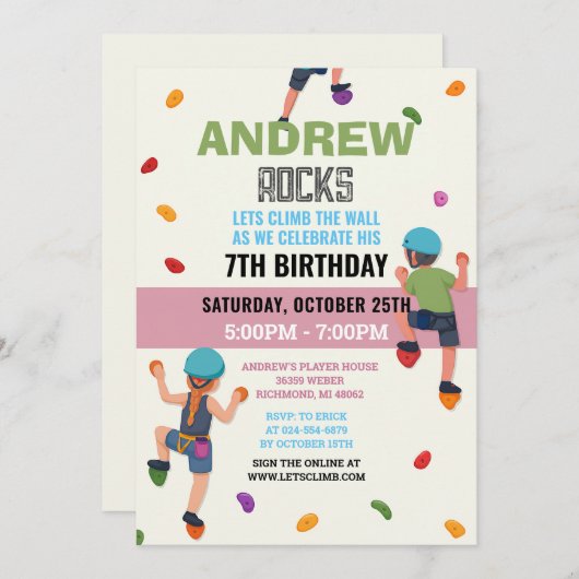 Custom Rock Climbing Birthday Party Invitation 招待状 (正面/裏面)