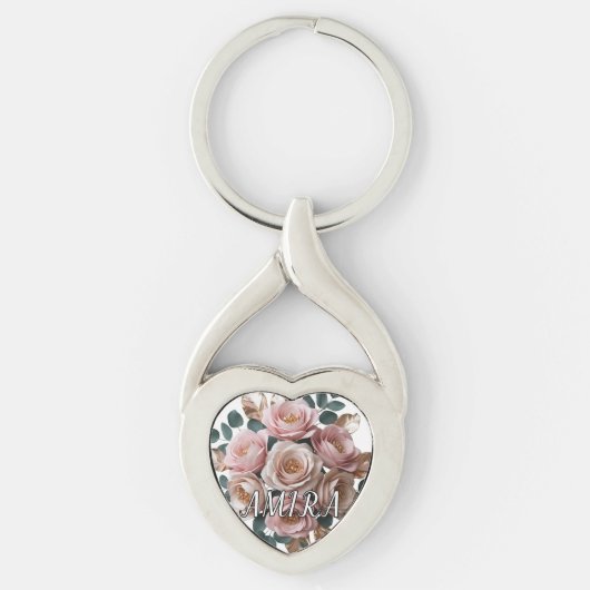 Custom Rose Gold Floral Monogram Heart Keychain キーホルダー (正面)