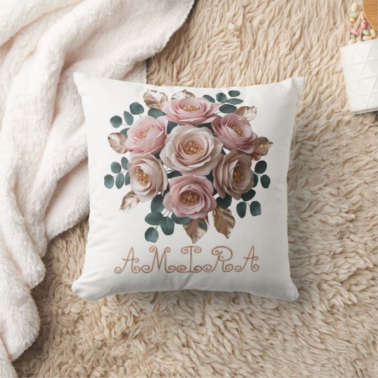 Custom Rose Gold Floral Monogram Heart Pillow クッション (ブランケット)