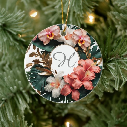 Custom Rose Gold Floral Monogram Round Keepsake セラミックオーナメント (ツリー)
