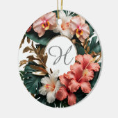 Custom Rose Gold Floral Monogram Round Keepsake セラミックオーナメント (左)