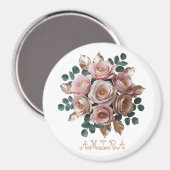 Custom Rose Gold Floral Monogram Round Magnet マグネット (正面/裏面)