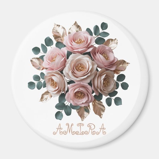 Custom Rose Gold Floral Monogram Round Magnet マグネット (正面)