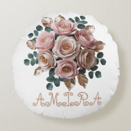 Custom Rose Gold Floral Monogram Round Pillow ラウンドクッション