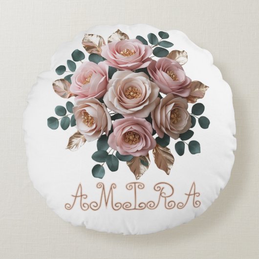 Custom Rose Gold Floral Monogram Round Pillow ラウンドクッション (正面)