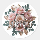 Custom Rose Gold Floral Monogram Round Sticker ラウンドシール (正面)