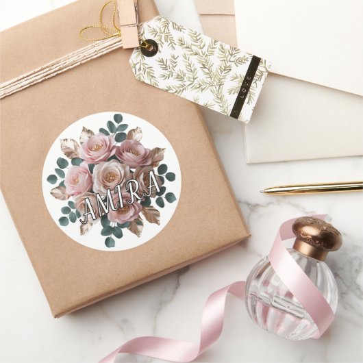 Custom Rose Gold Floral Monogram Round Sticker ラウンドシール (ギフト)