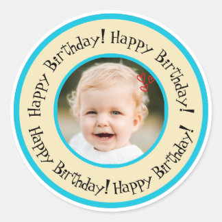 Custom Round Birthday Photo Beige & Turquoise ラウンドシール