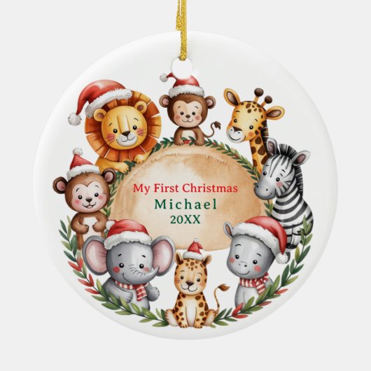 Custom Safari Animals Baby 1st First Christmas セラミックオーナメント (裏面)