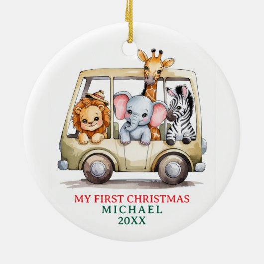 Custom Safari Animals Baby 1st First Christmas セラミックオーナメント (裏面)