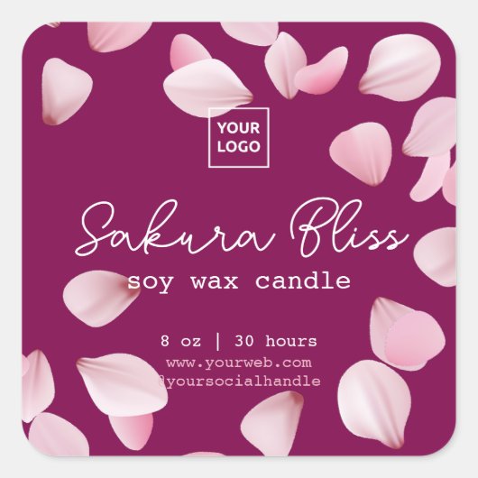 Custom Sakura Bliss Personalized Soy Wax Candle スクエアシール (正面)