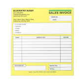 Custom Sales Invoice Receipts, Yellow Company Name ノートパッド (正面)