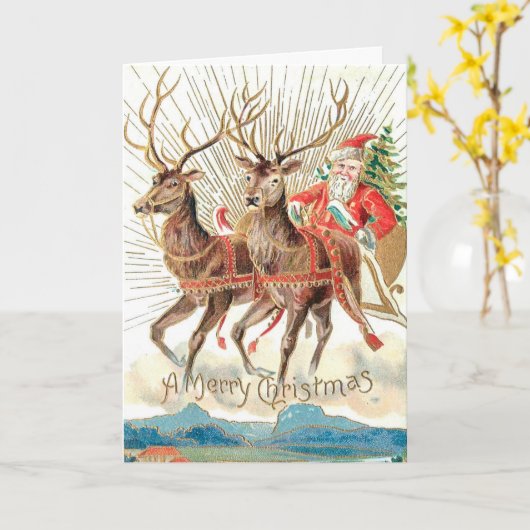 Custom Santa Claus Christmas Sleigh Reindeer カード (黄色い花)