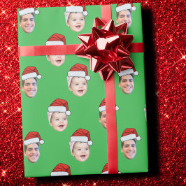 Custom Santa Hat Face Christmas Gift 2 Photo Green ラッピングペーパー
