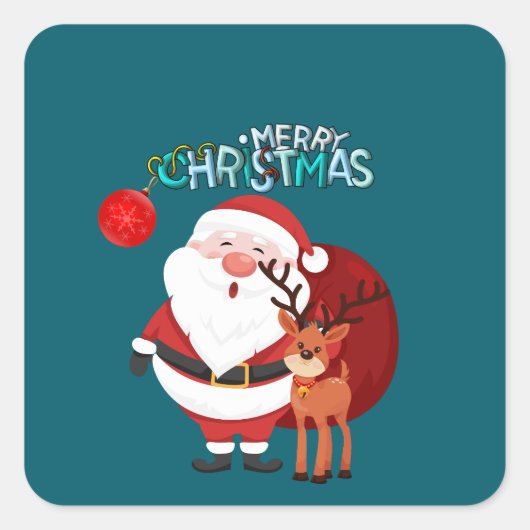 Custom Santa & Reindeer Happy Holiday Sticker スクエアシール (正面)
