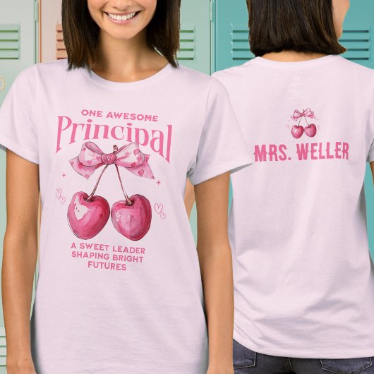 Custom School Principal Cute Pink Coquette Cherry Tシャツ