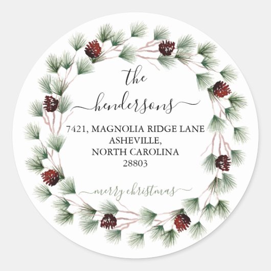 Custom Script Return Address Text Holiday Wreath ラウンドシール (正面)