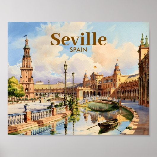 Custom Seville Spain Plaza de Espana Watercolor ポスター (正面)