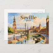 Custom Seville Spain Plaza de Espana Watercolor ポストカード (正面/裏面)