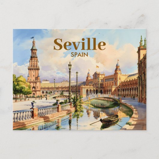 Custom Seville Spain Plaza de Espana Watercolor ポストカード (正面)