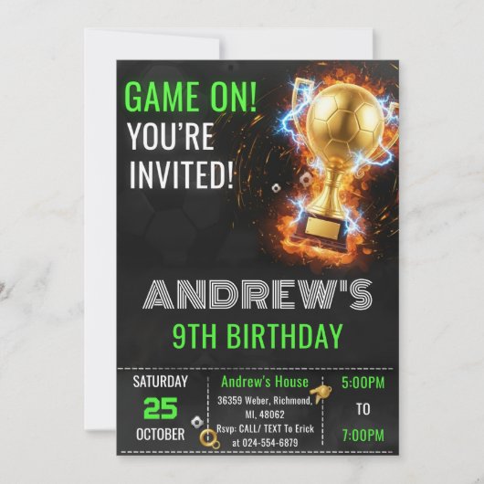 Custom Simple Soccer Birthday Invitation 招待状 (正面)
