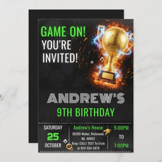 Custom Simple Soccer Birthday Invitation 招待状 (正面/裏面)