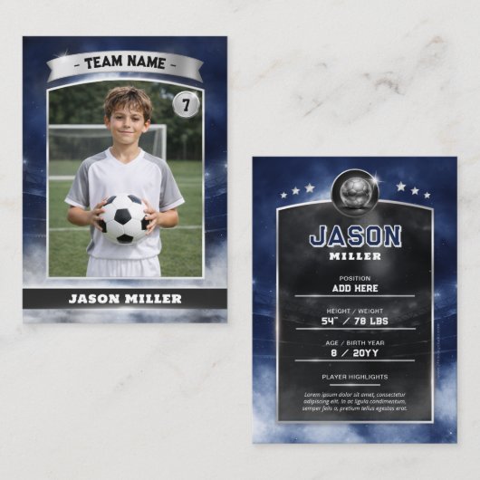 Custom Soccer Trading Card, Blue Silver Stadium コーリングカード (正面/裏面)