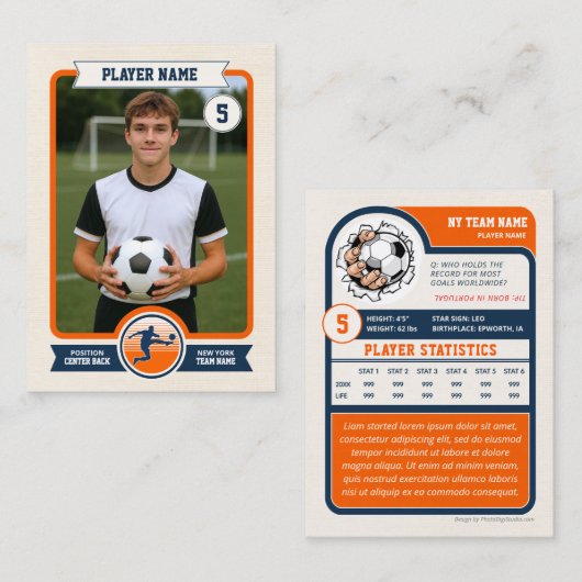 Custom Soccer Trading Card, Orange Retro Player コーリングカード (正面/裏面)