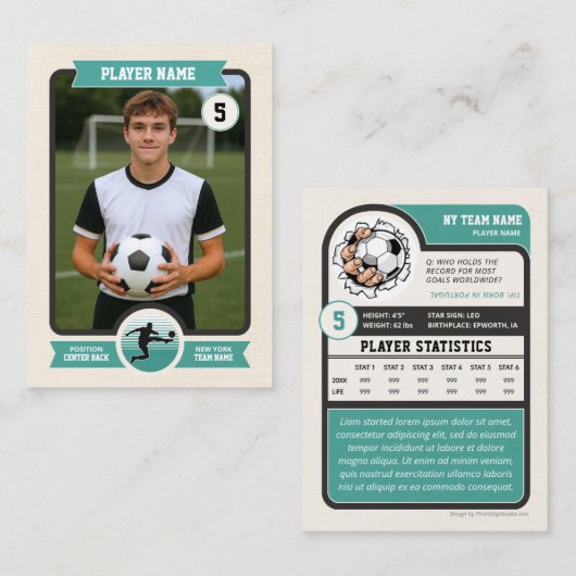 Custom Soccer Trading Card, Teal Retro Player コーリングカード (正面/裏面)
