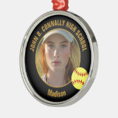 Custom Softball Player Photo Christmas Black Gold メタルオーナメント (左)