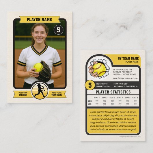 Custom Softball Trading Card, Gold Retro Player コーリングカード (正面/裏面)