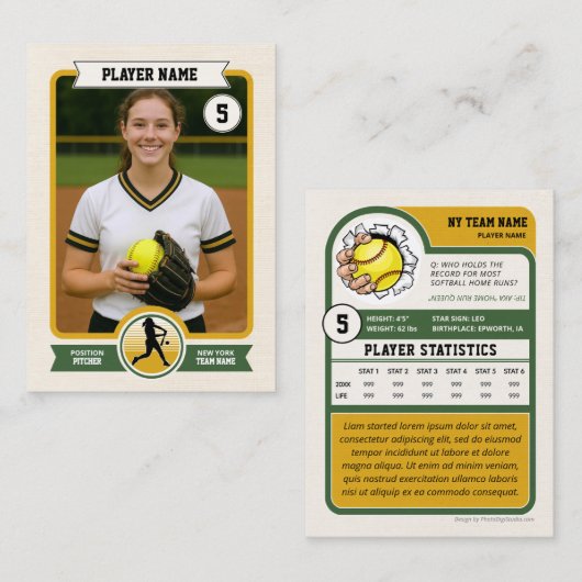 Custom Softball Trading Card, Green Retro Player コーリングカード (正面/裏面)