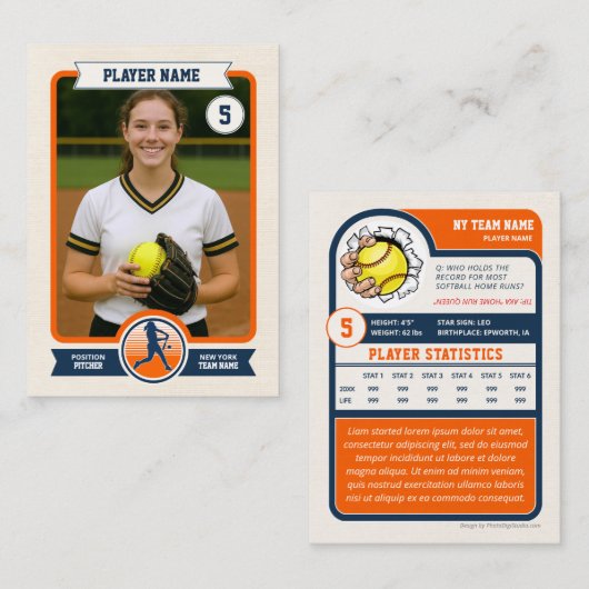 Custom Softball Trading Card, Orange Retro Player コーリングカード (正面/裏面)