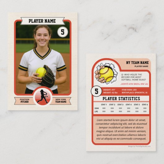 Custom Softball Trading Card, Red Retro Player コーリングカード (正面/裏面)